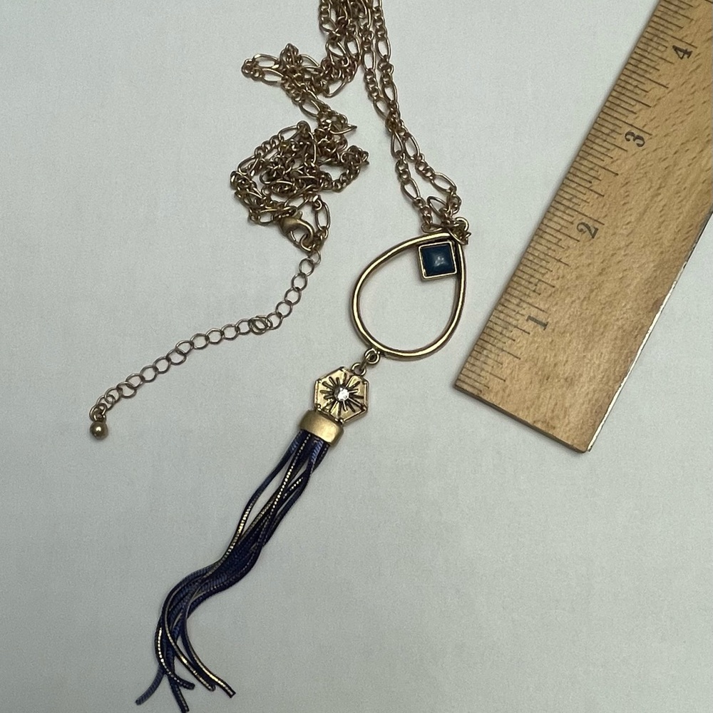 Gold Metal and Blue Stone Long Necklace - Picture 7 of 11